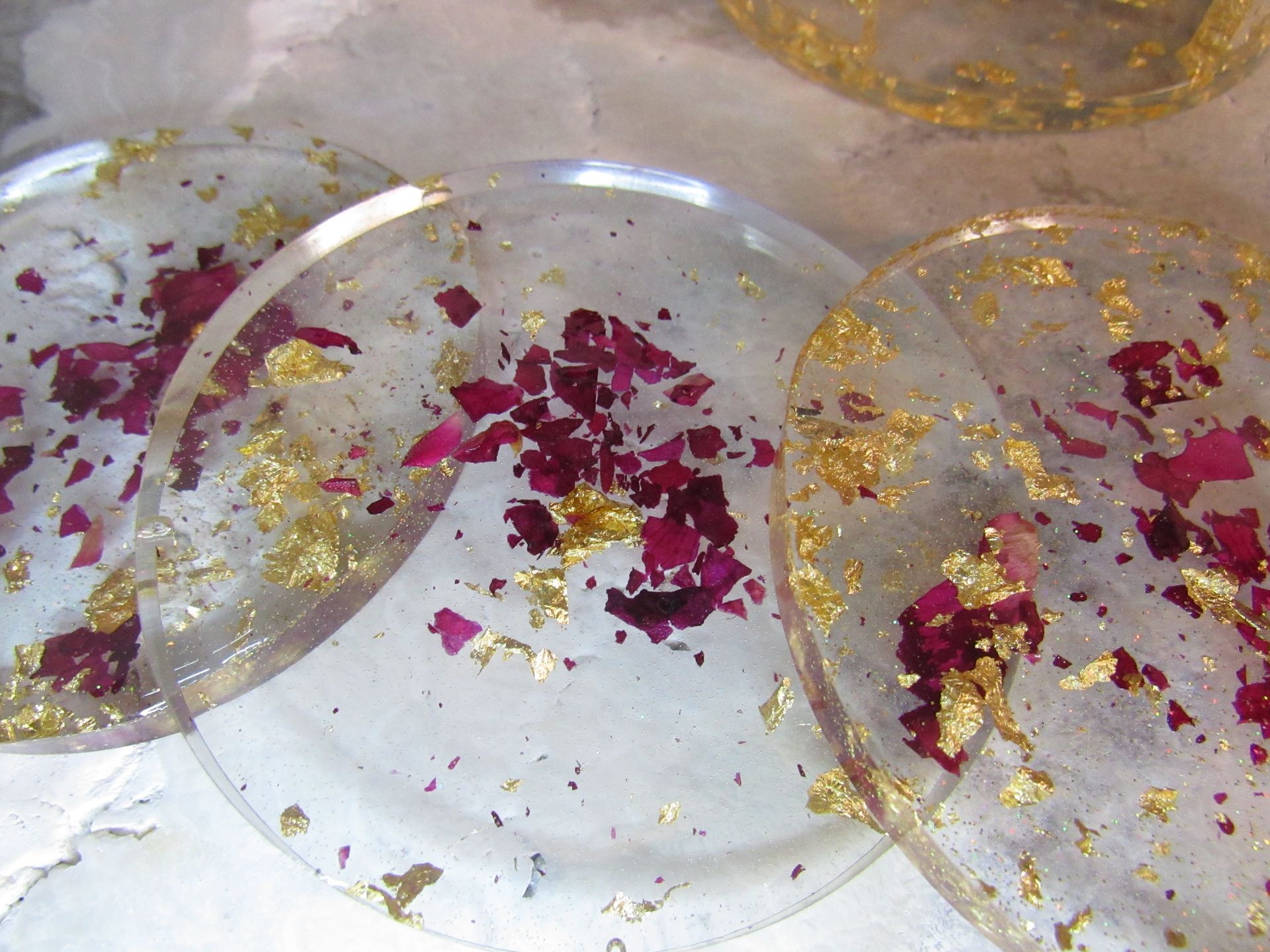 Gold Flakes with Rose Petals Coasters - 5 piece set