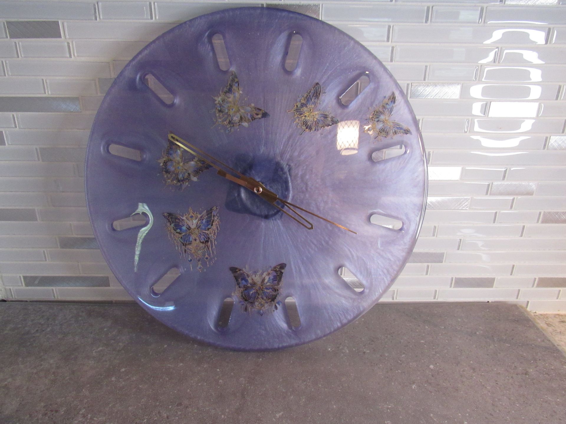 Purple Butterfly Resin Wall Clock - 13 inches