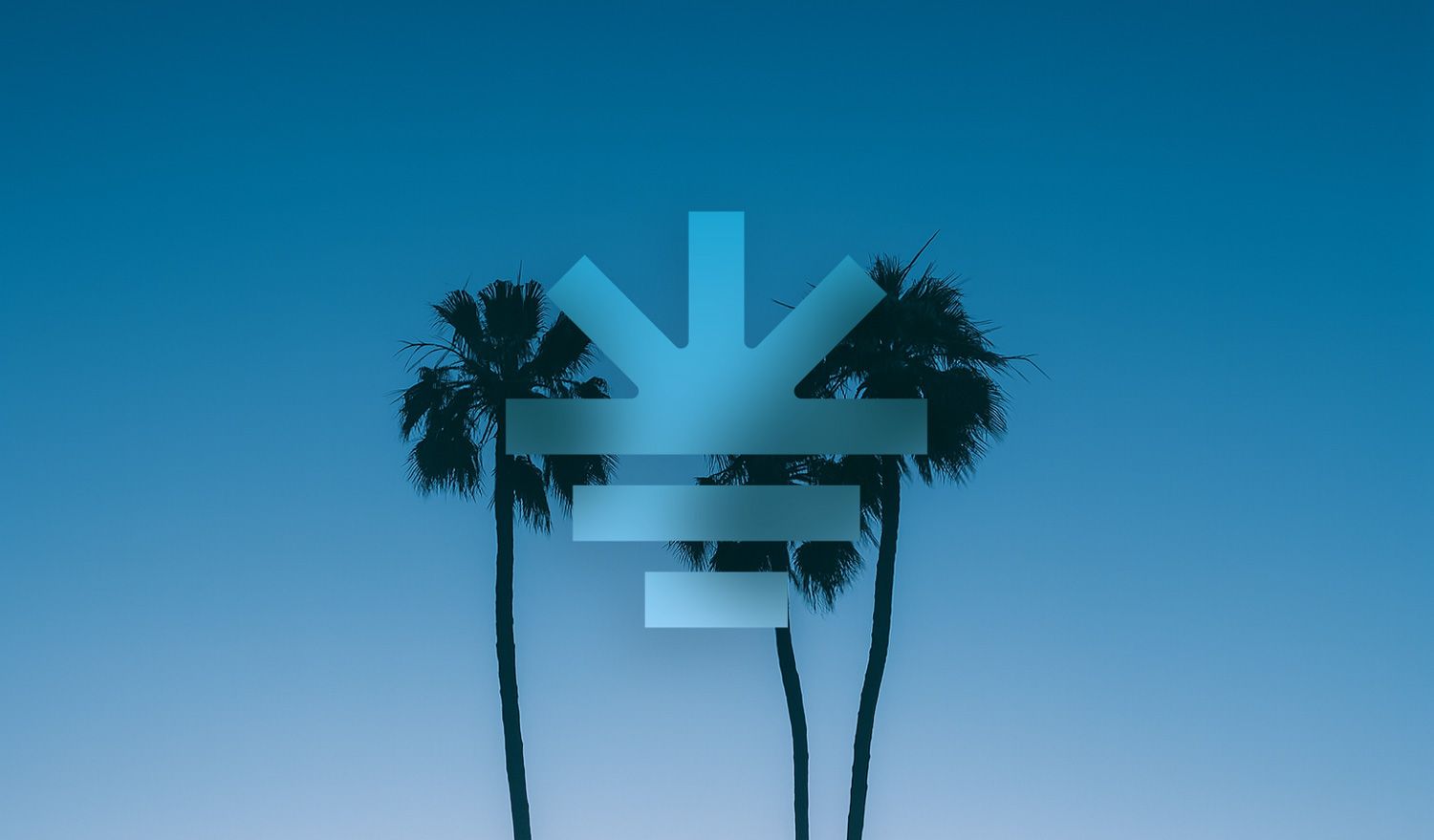 Blue gradient sky with silhouetted palm trees and a translucent logo.