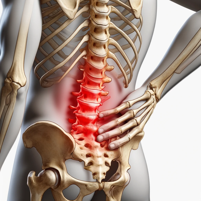 A skeleton is holding a person 's back in pain