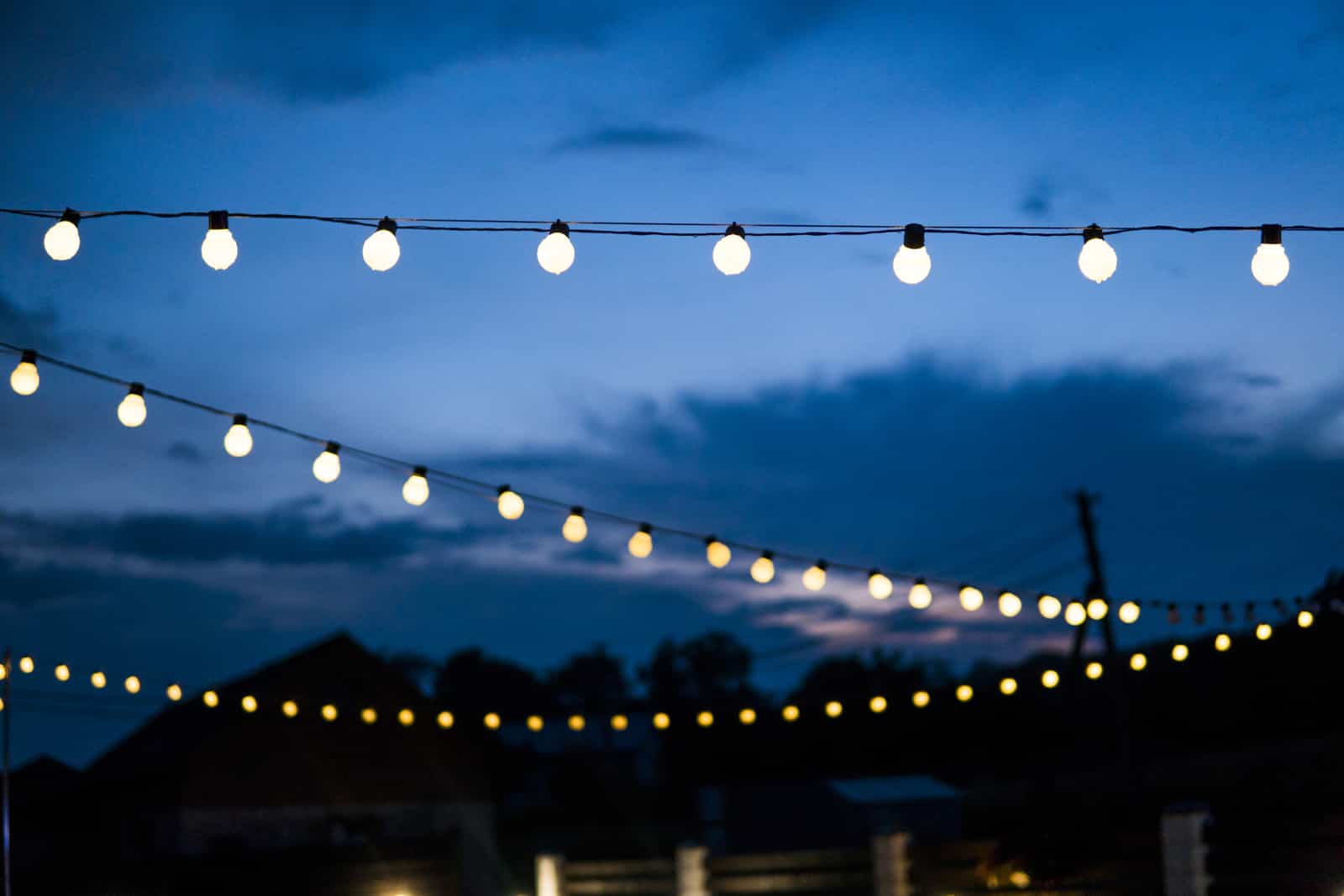 lit landscape lights hanging across a backyard