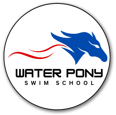 A logo for water pony swim school with a blue horse