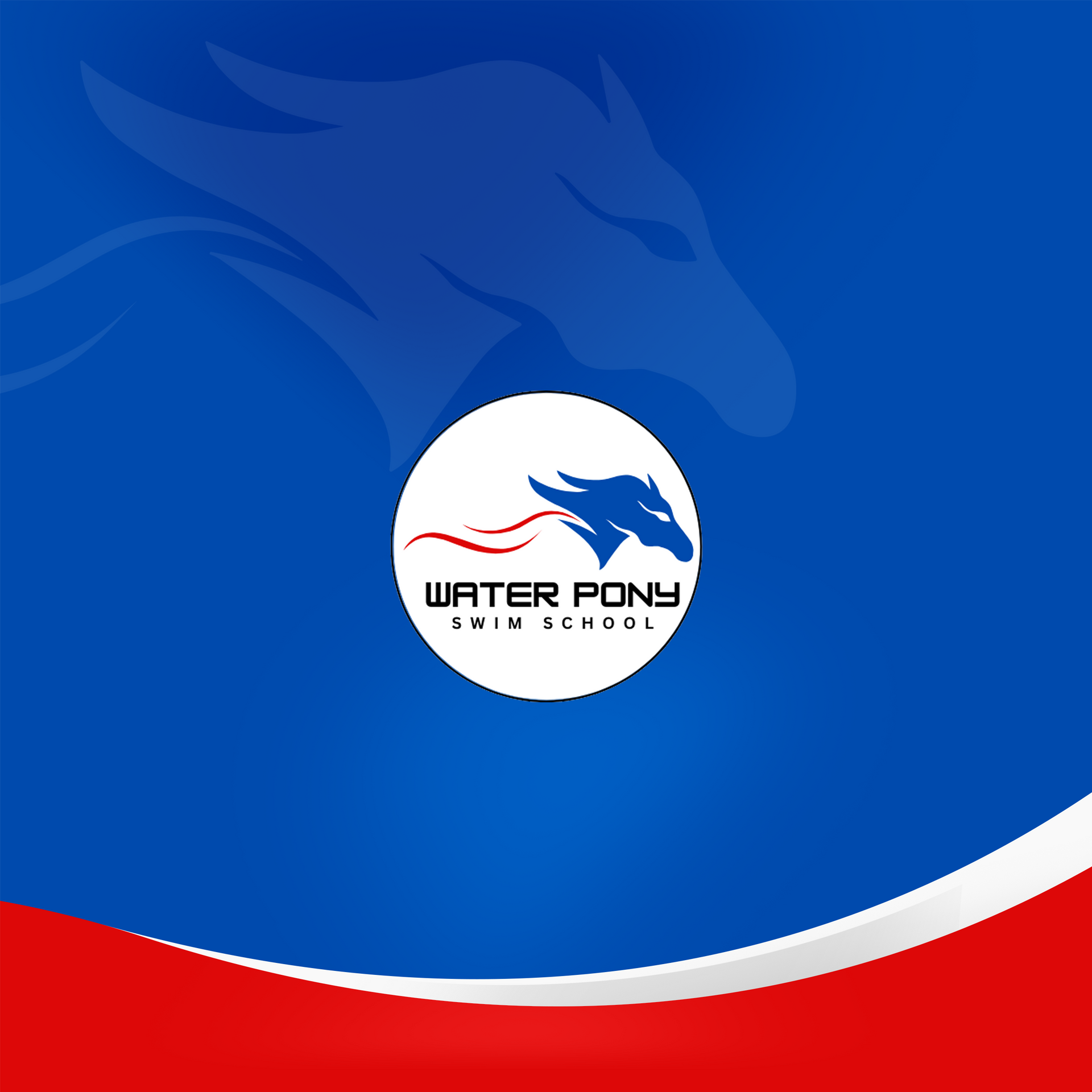 The water pony swim school logo is on a blue background