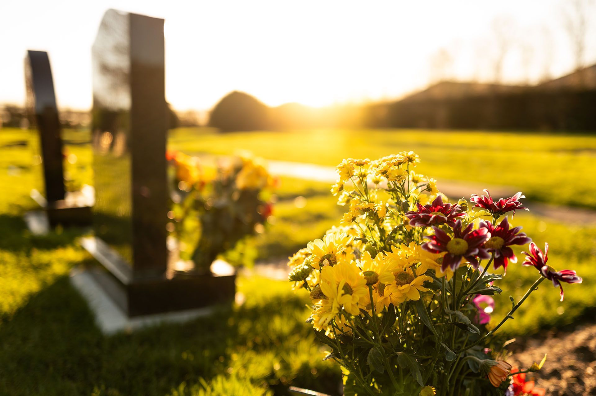 A cemetery with flowers and graves at sunset.