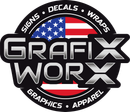 Grafix Worx logo with red, white and blue American flag, signs, decals, wraps, graphics and apparel text