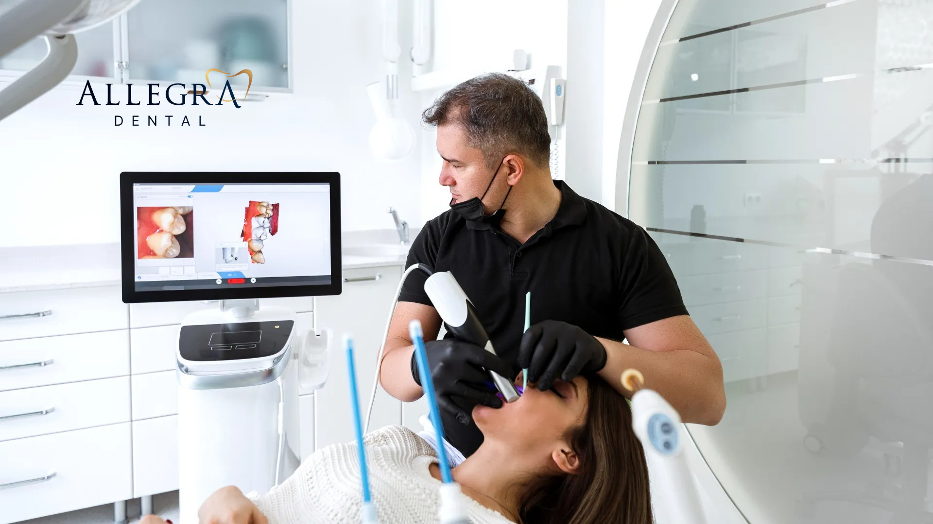 A dentist is examining a woman 's teeth in a dental office.