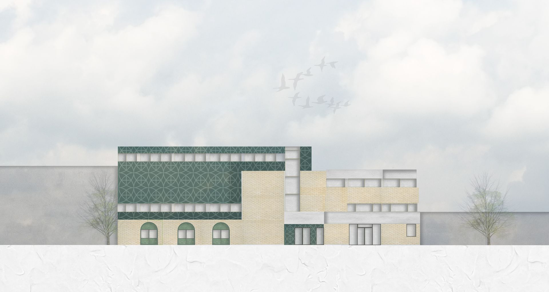 Architectural rendering of a light-colored building with a green patterned facade, against a cloudy sky.