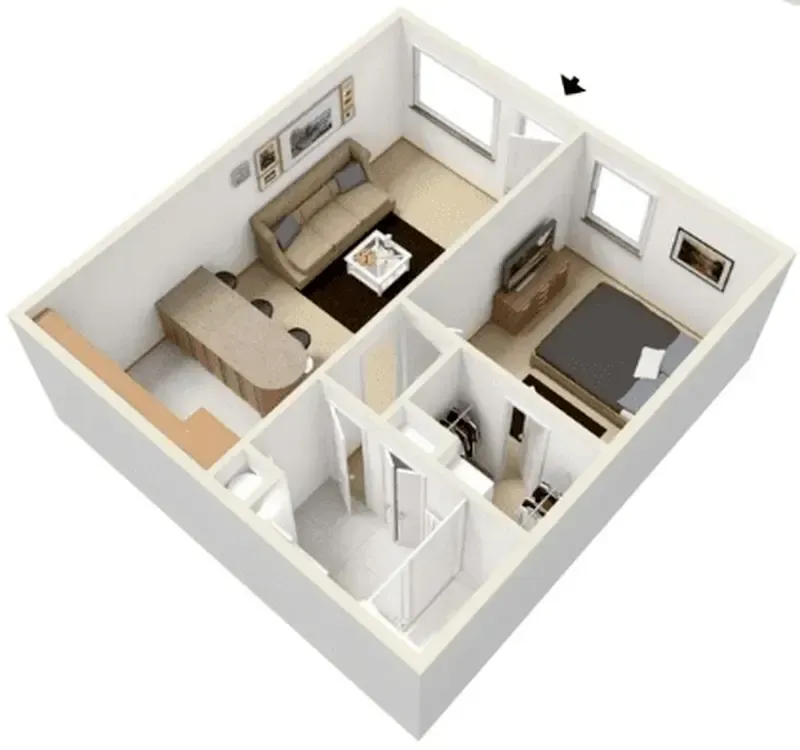 A 3d floor plan of a small apartment