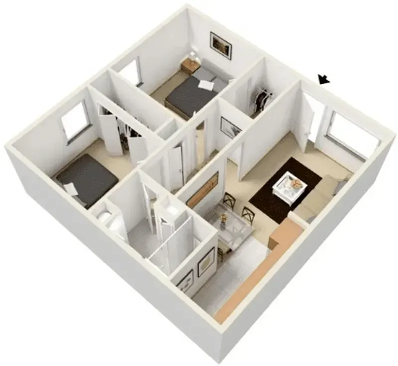 A 3d floor plan of a house with three bedrooms