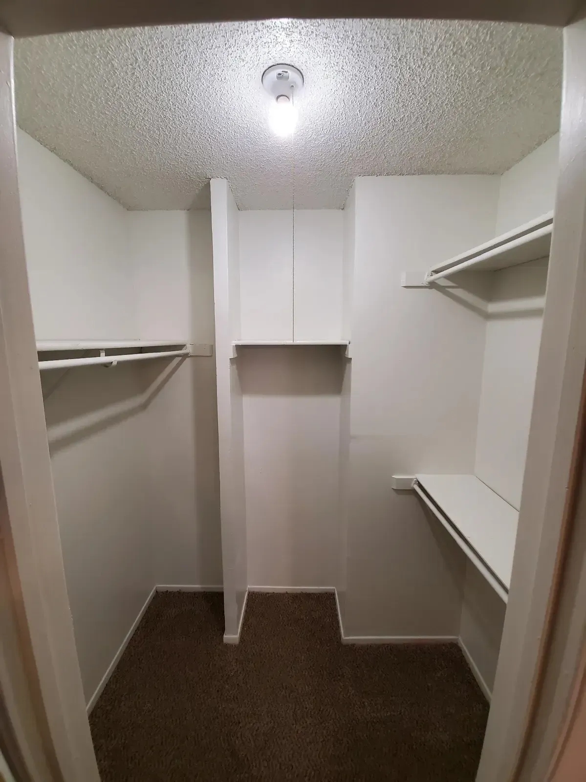 An empty walk in closet with shelves and a light on the ceiling.