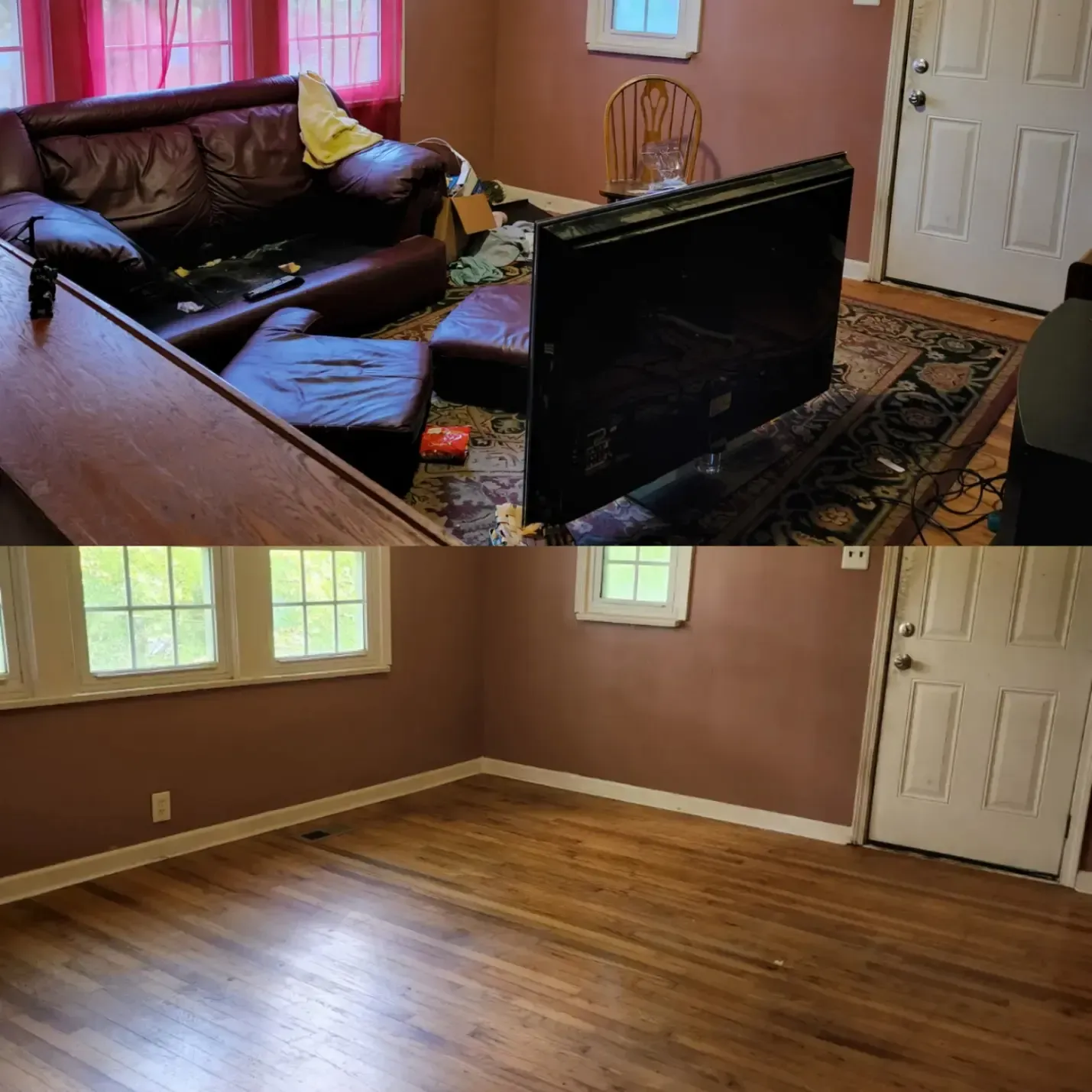 A before and after photo of a living room junk removed