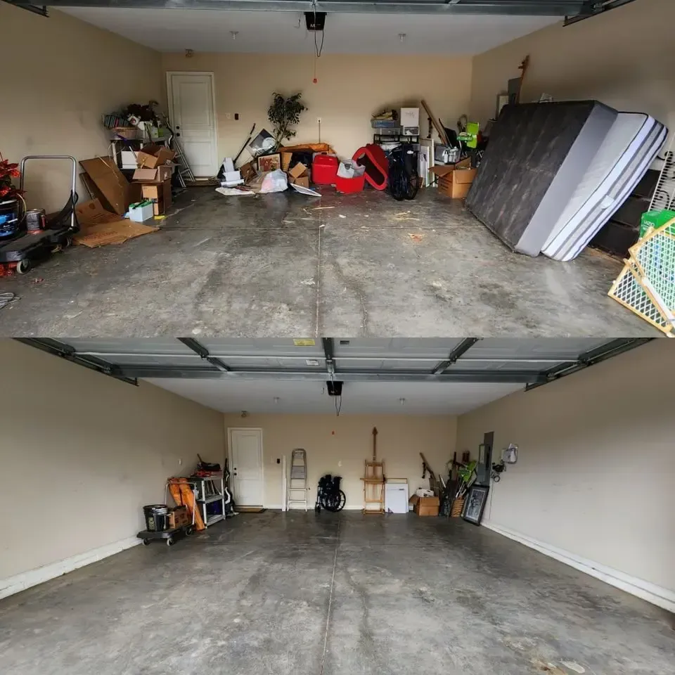 A before and after photo of a garage cleanout in Morristown, TN