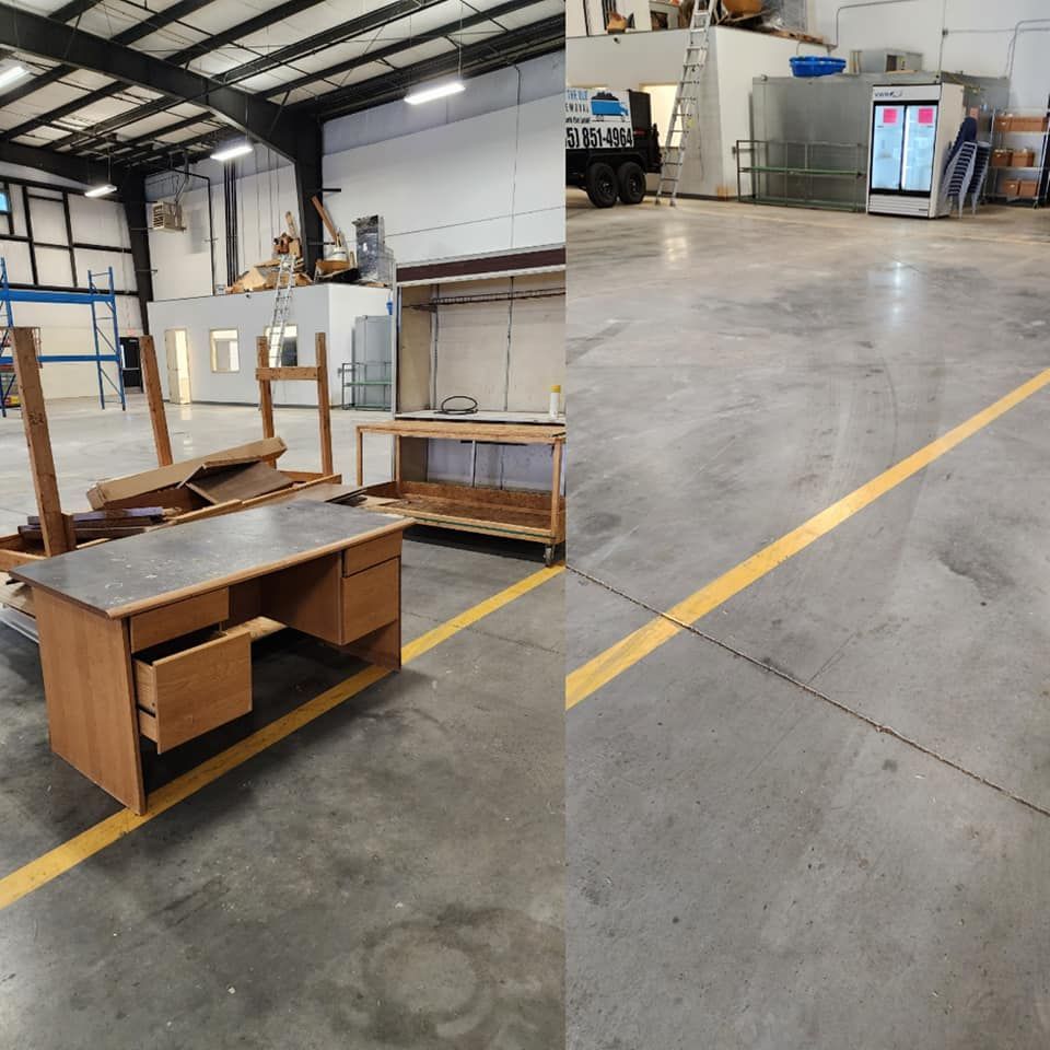 Two pictures of a warehouse with a desk and a refrigerator