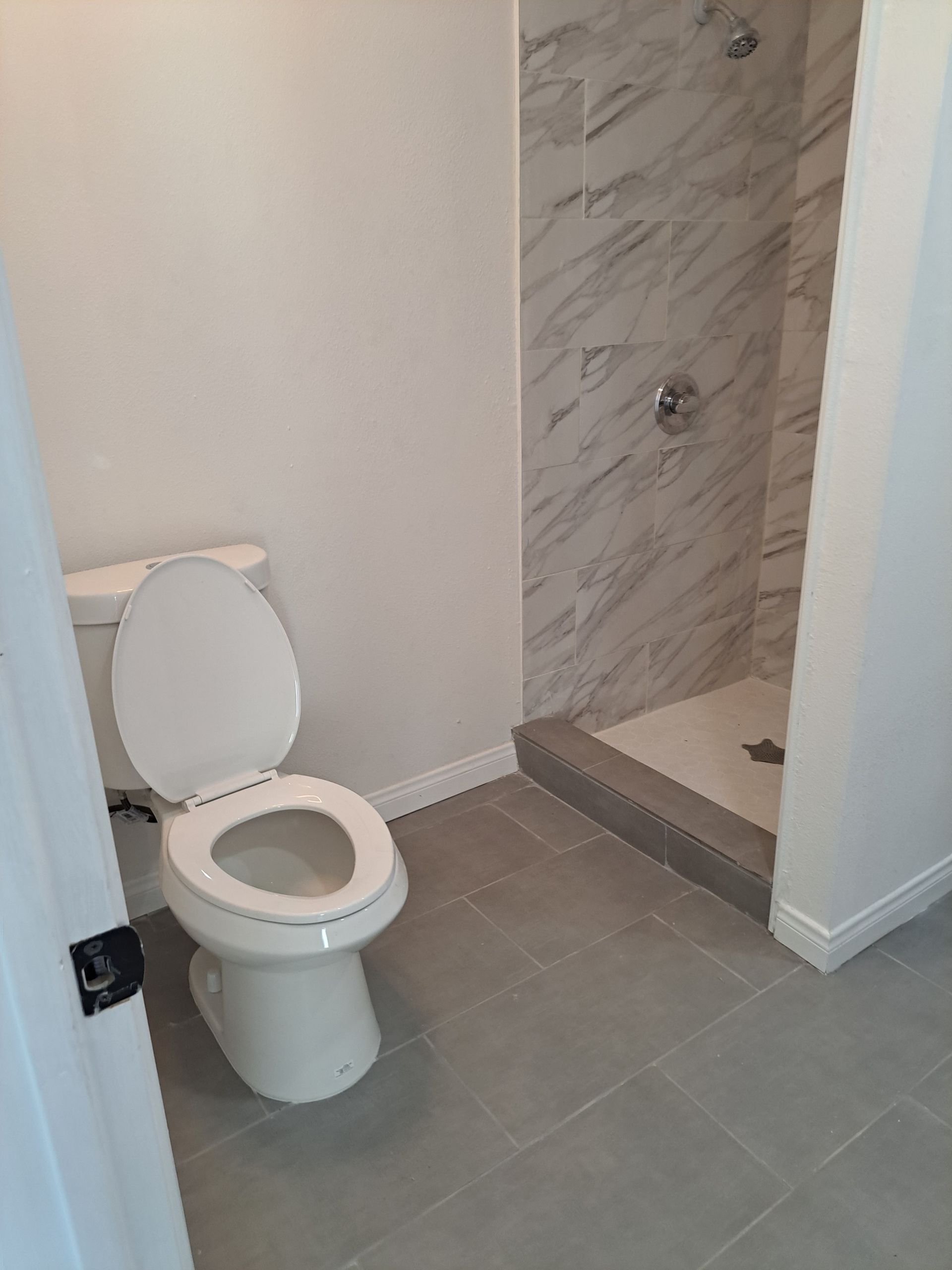 A bathroom with a toilet and a shower.