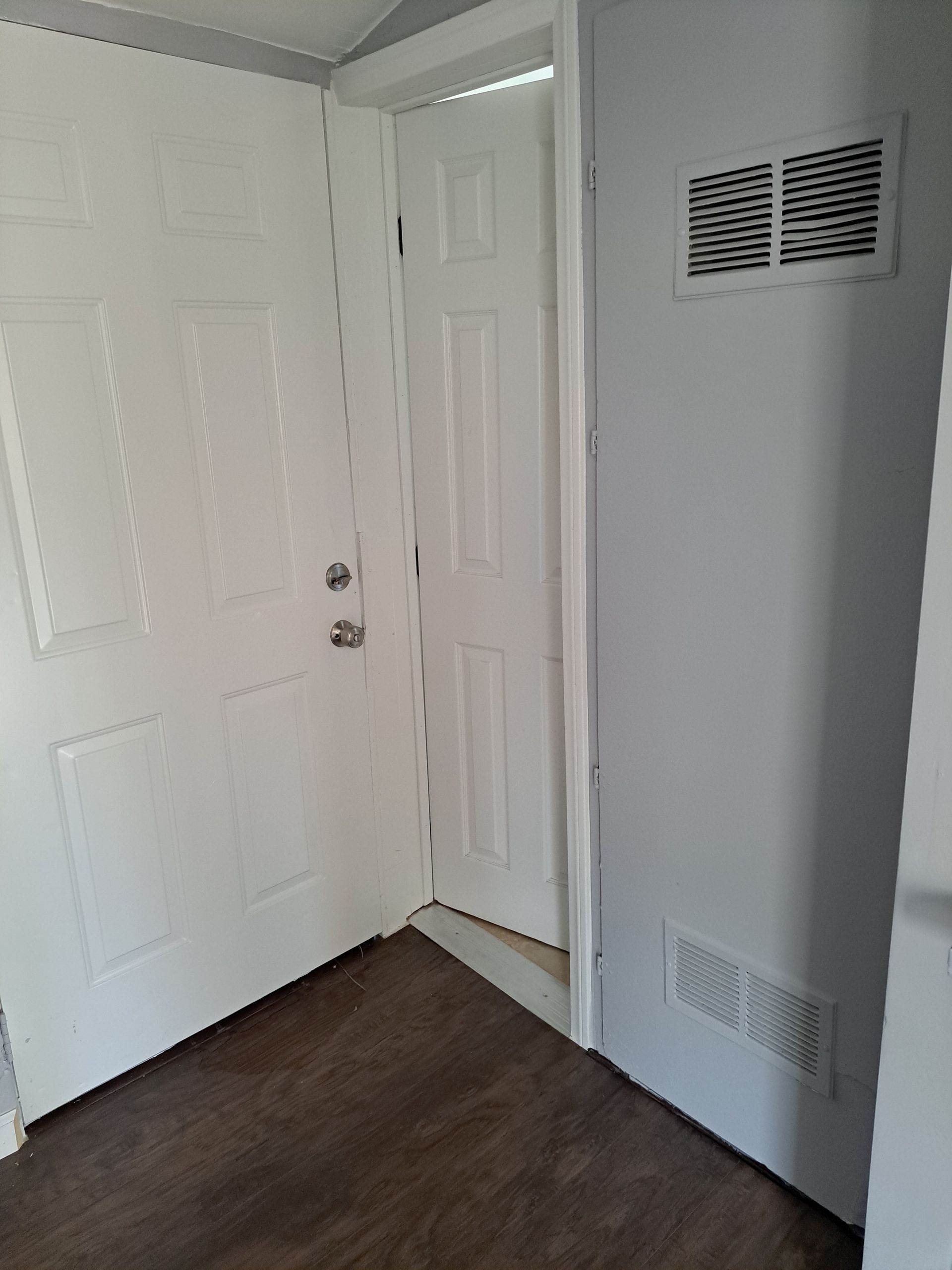 A room with two white doors and a wooden floor.