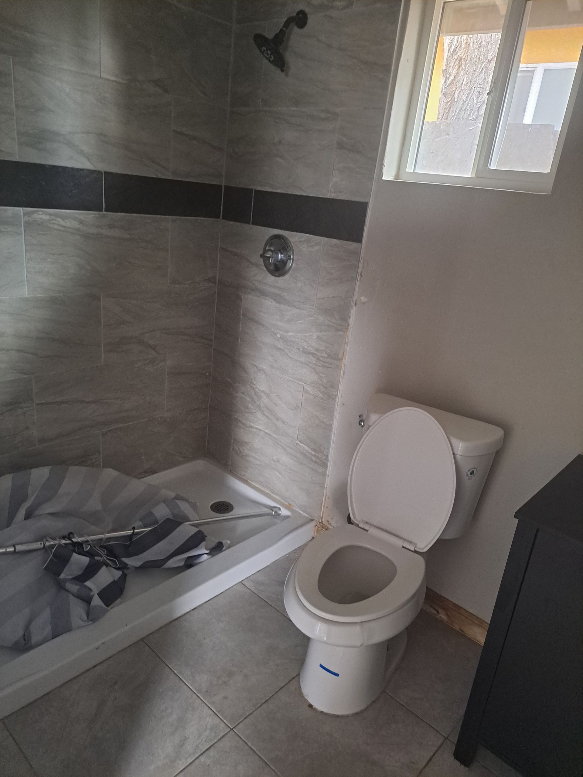 A bathroom with a toilet , shower and window.