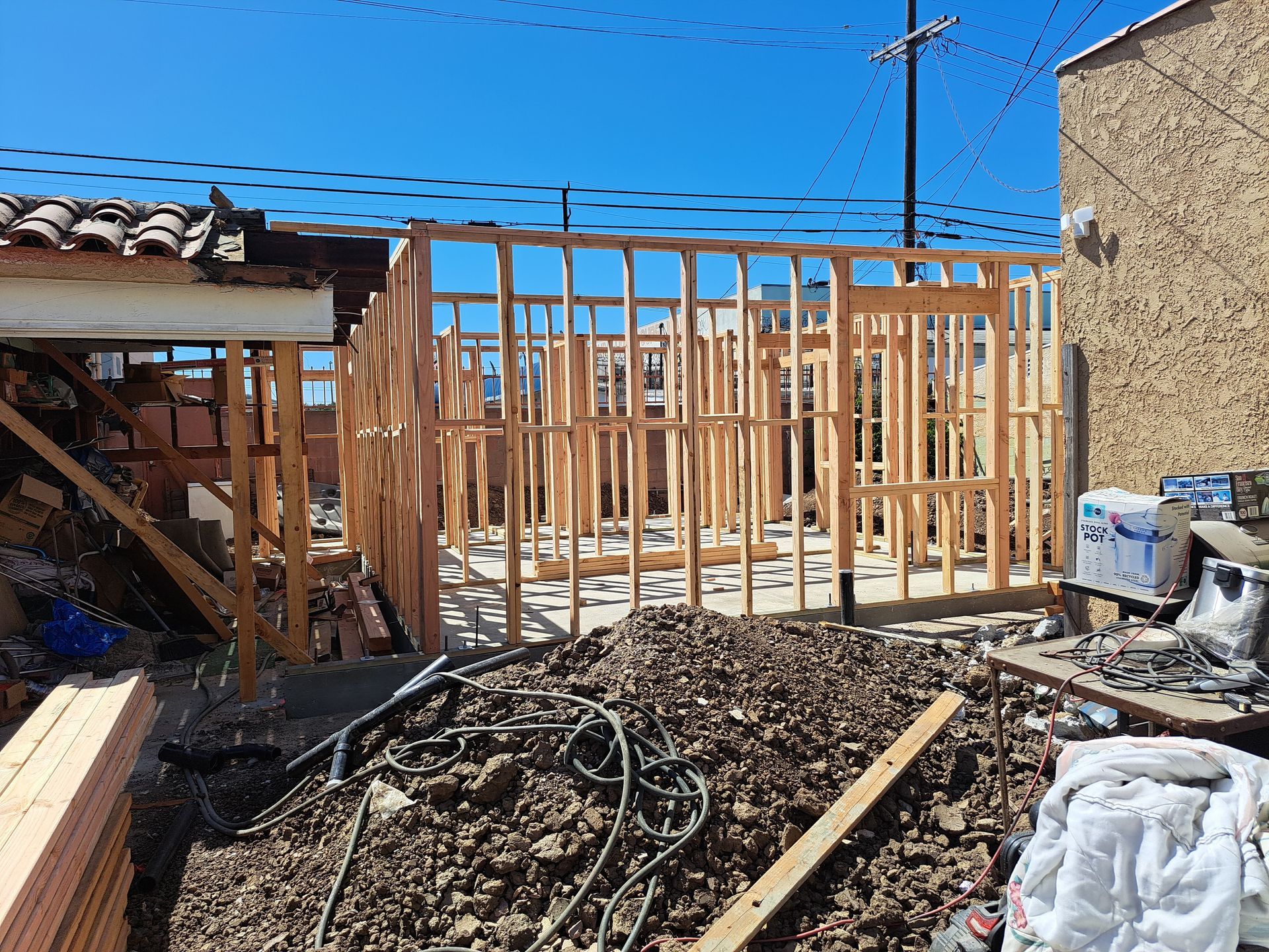 A house is being built with wooden frames.