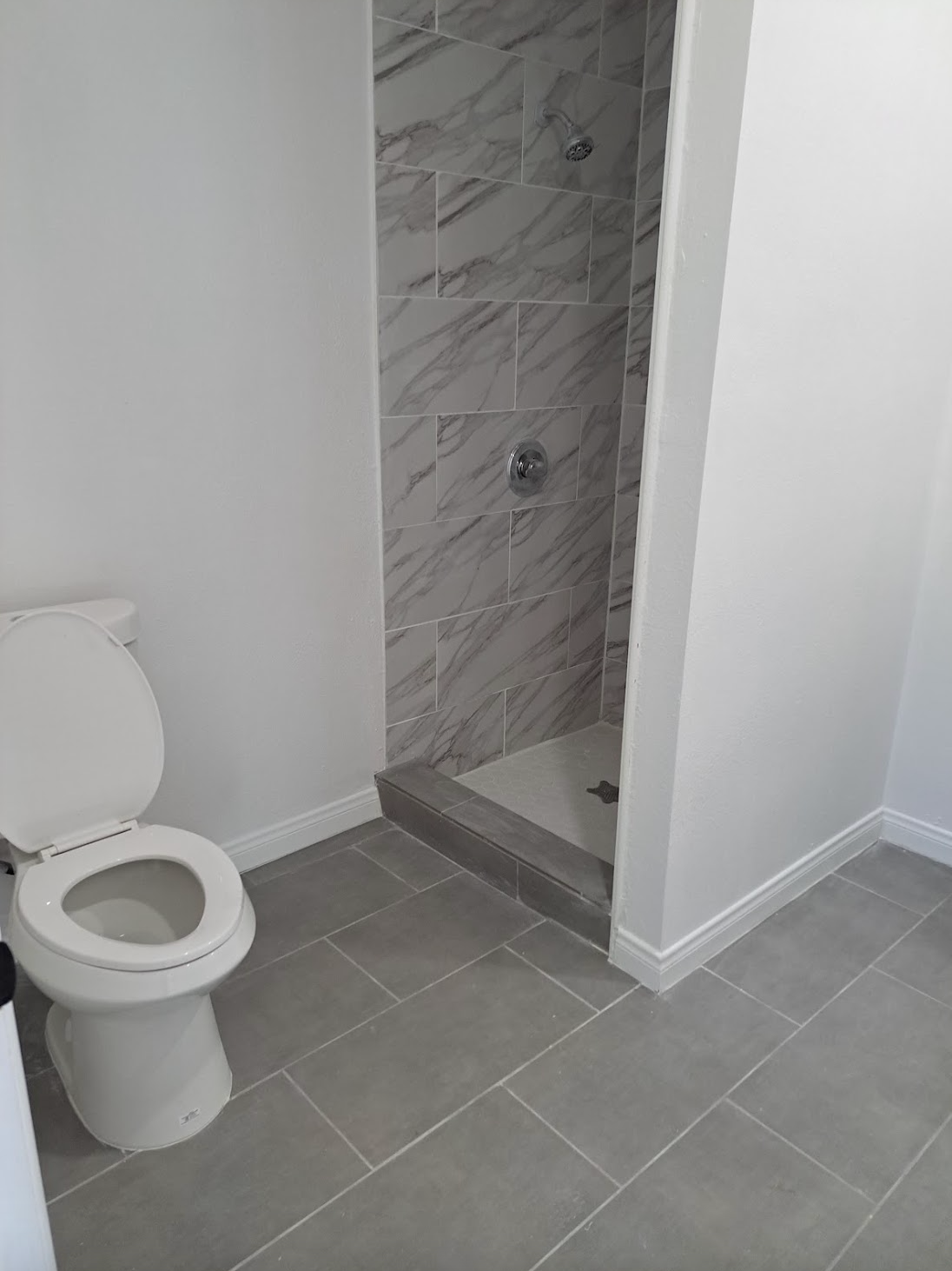 A bathroom with a toilet and a walk in shower.