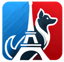 Un carré bleu et rouge avec un chien et la tour Eiffel