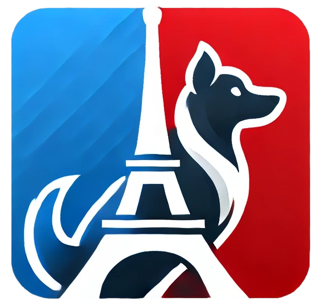 Un carré bleu et rouge avec un chien et la tour Eiffel