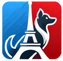 Un carré bleu et rouge avec un chien et la tour Eiffel