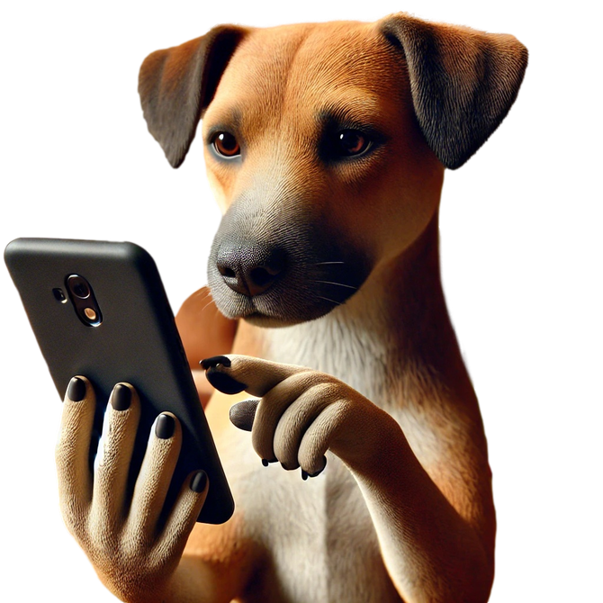 Un chien aux ongles noirs tient un téléphone portable