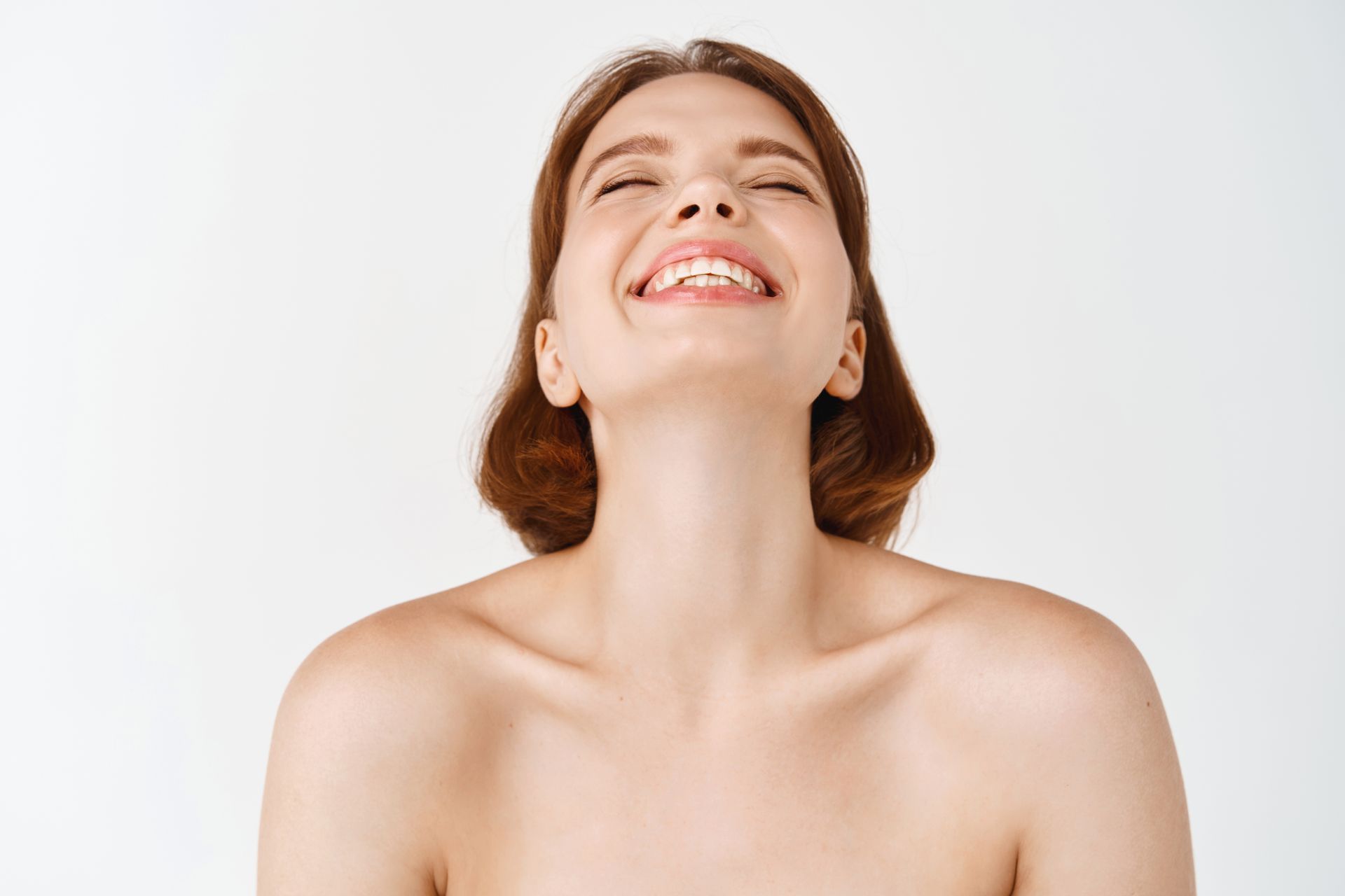 woman smiling looking up