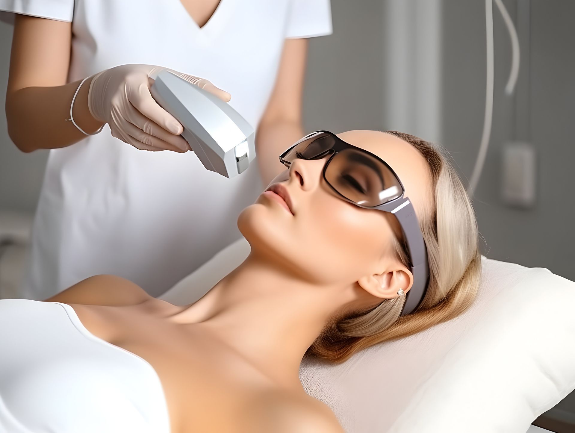 A woman wearing sunglasses is getting a laser treatment on her face.