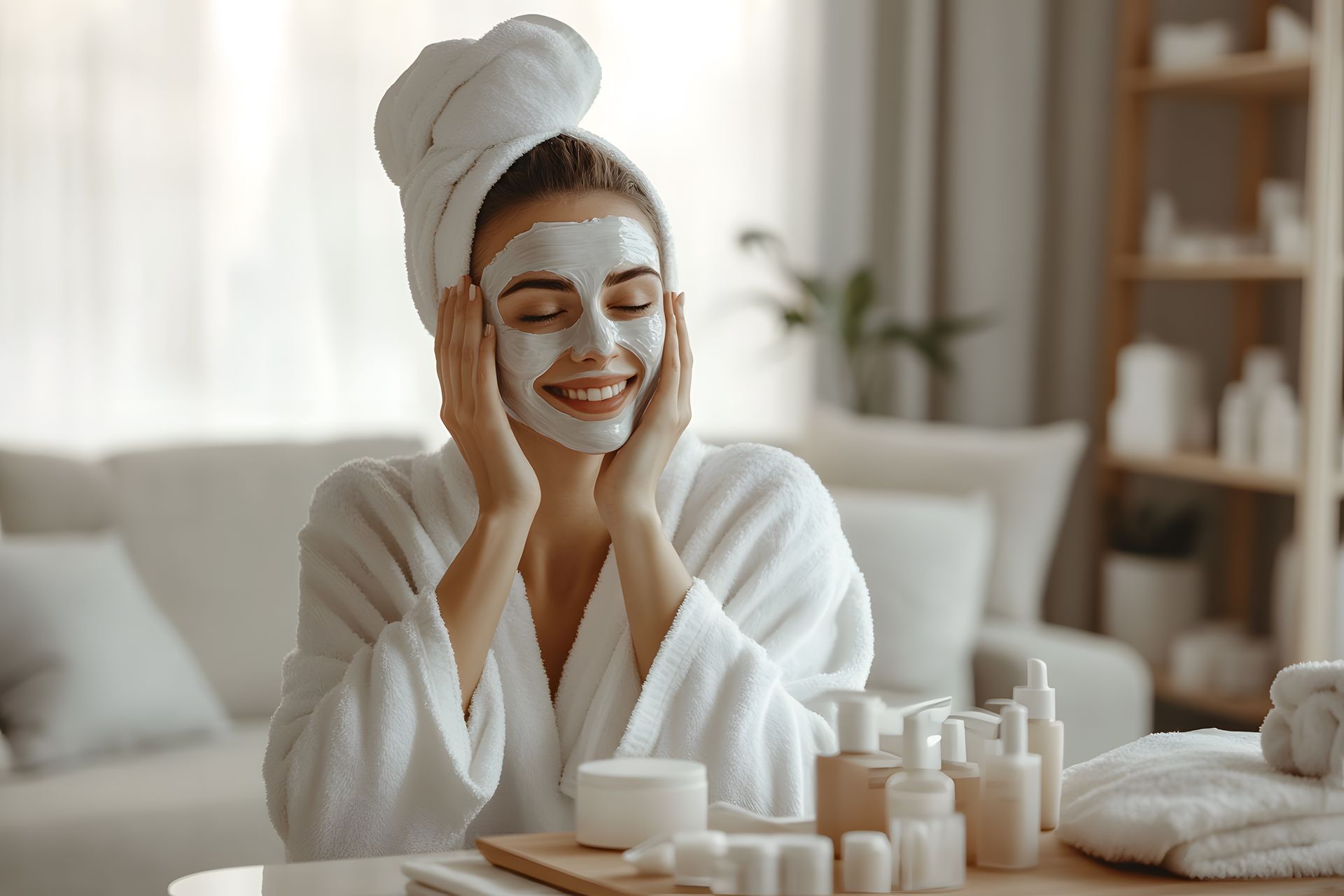 A woman with a towel wrapped around her head is applying a facial mask.