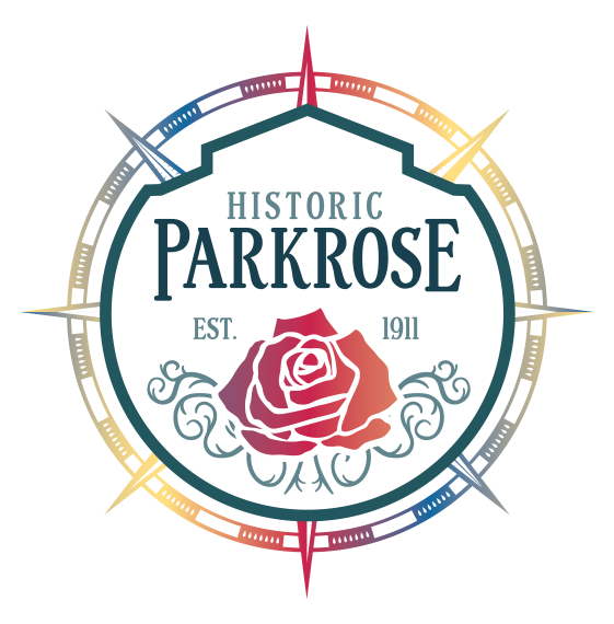 A logo for historic parkrose with a rose in the center