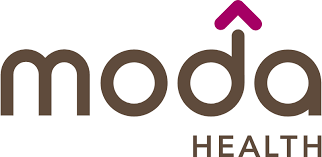 A brown and pink logo for moda health