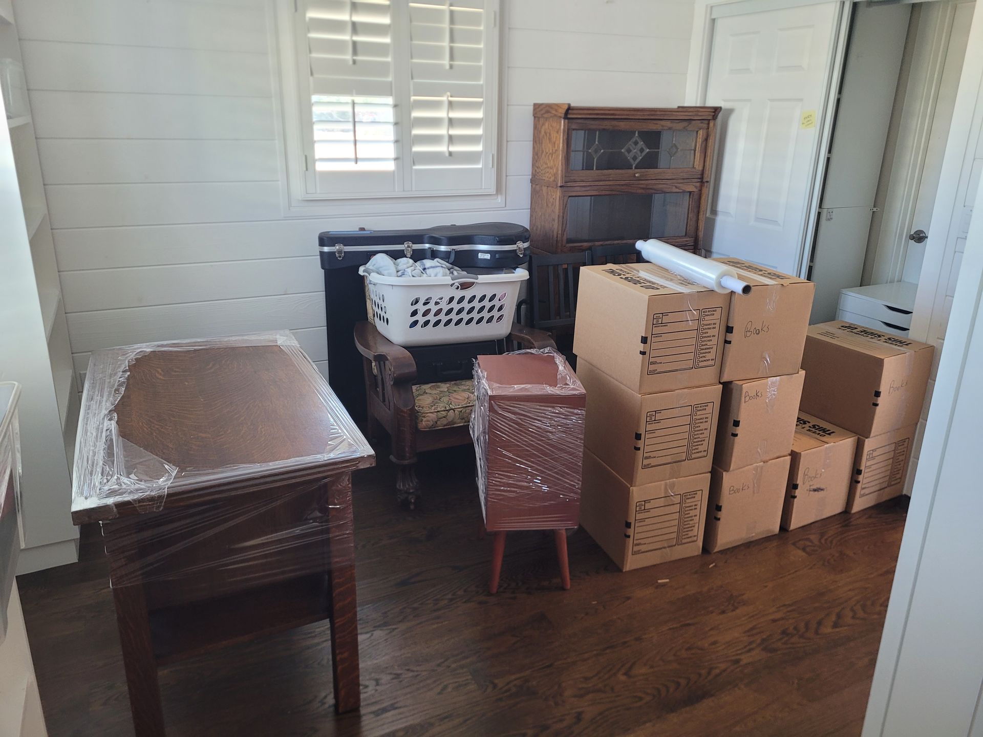 Packed boxes from living room