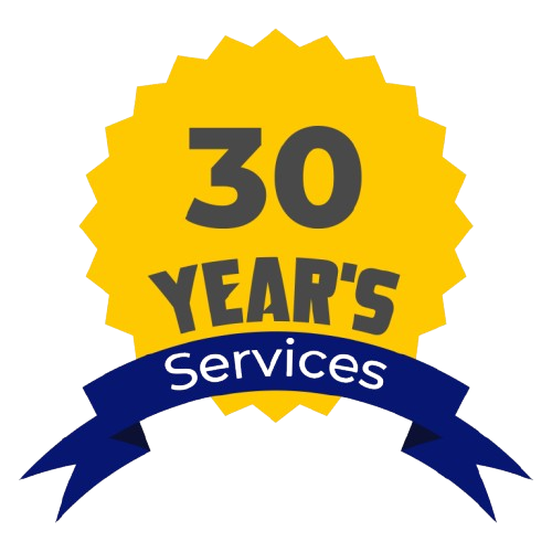 A 30 year 's services badge with a blue ribbon