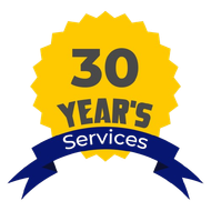 A 30 year 's services badge with a blue ribbon