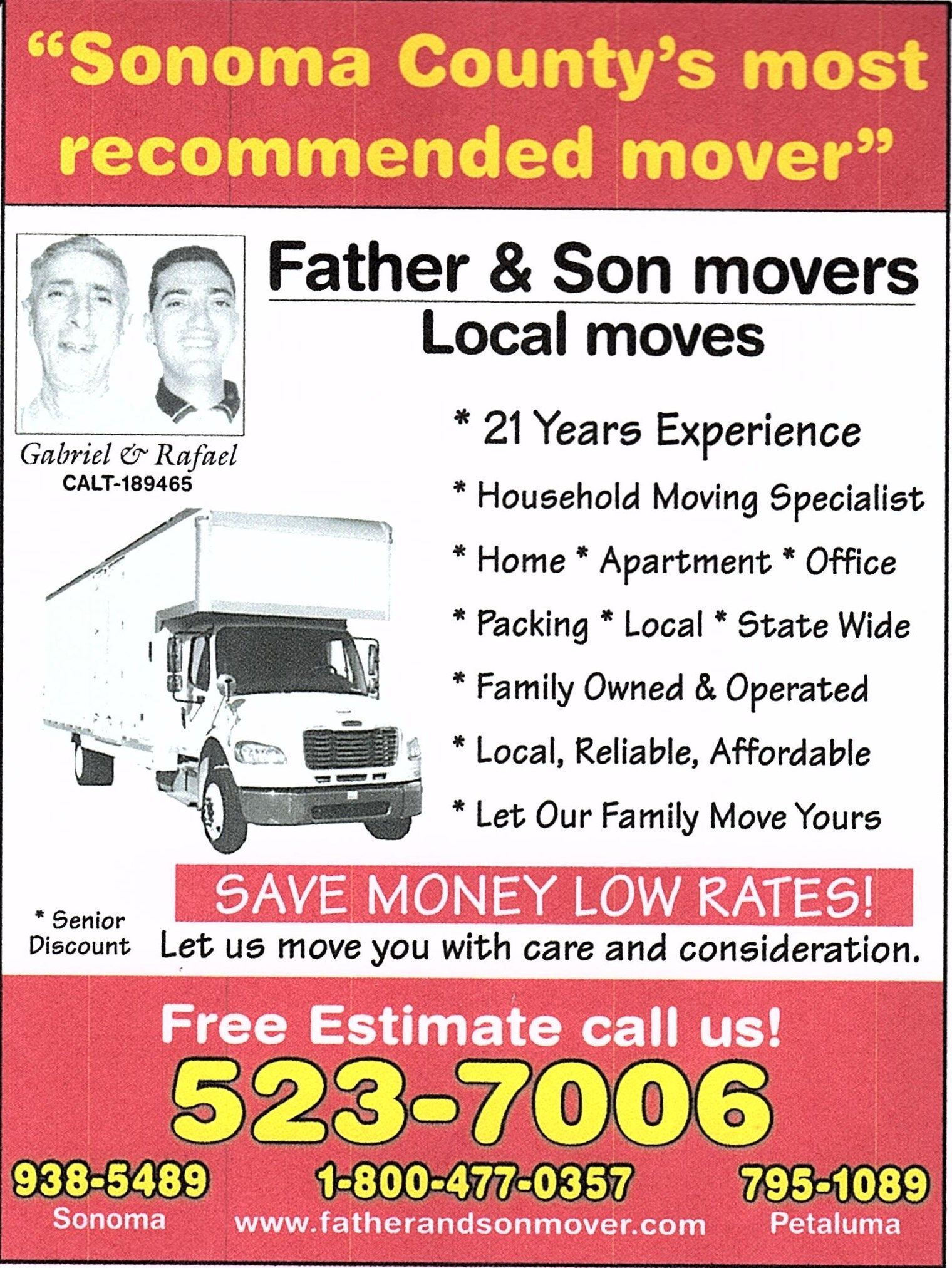 An advertisement for father and son movers in sonoma county