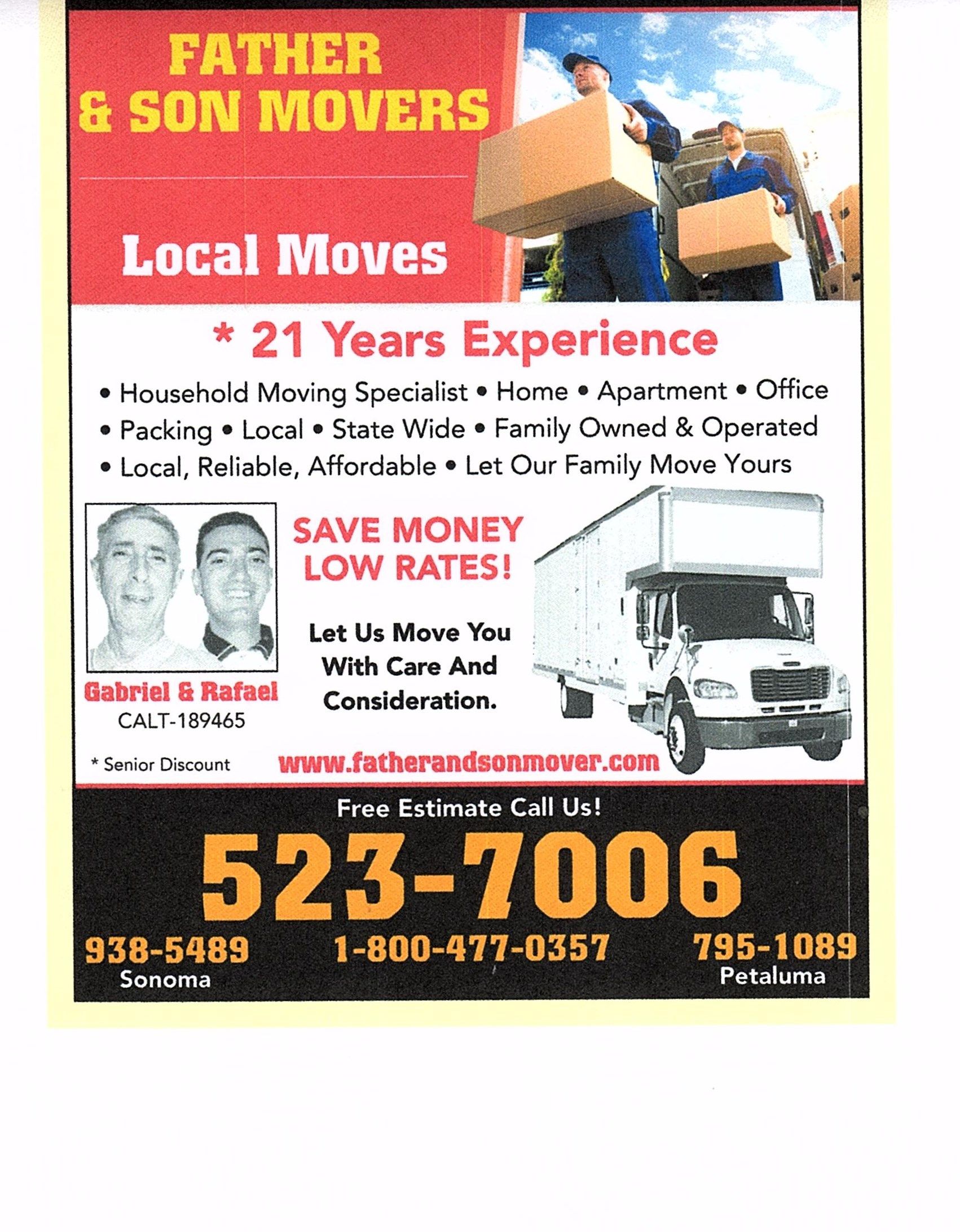 An advertisement for father and son movers local moves