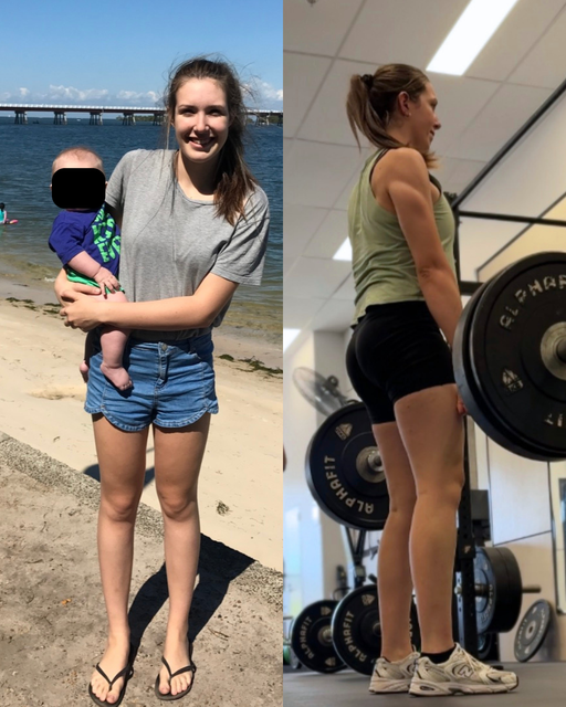 Zannetta before and after: holding her baby on the beach, and later lifting in the gym