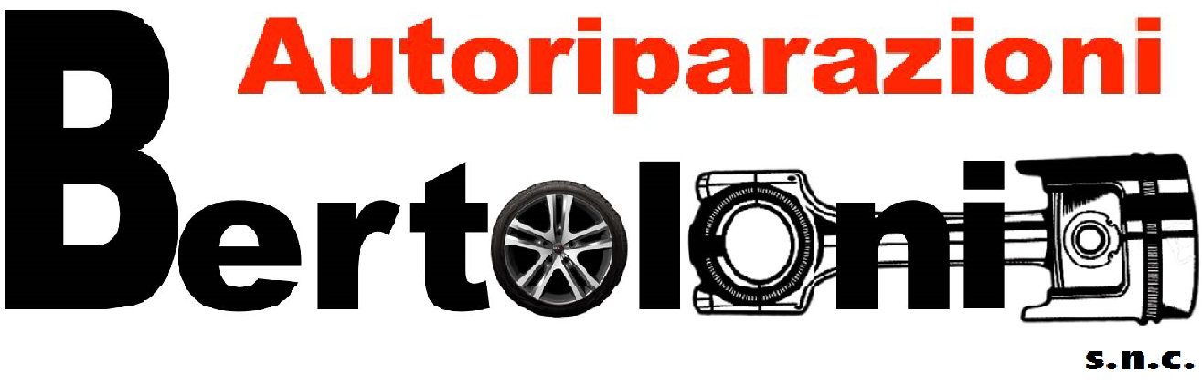 Logo per "Autoriparazioni Bertoloni", con il nome in nero e rosso e parti di automobili come elementi di design.