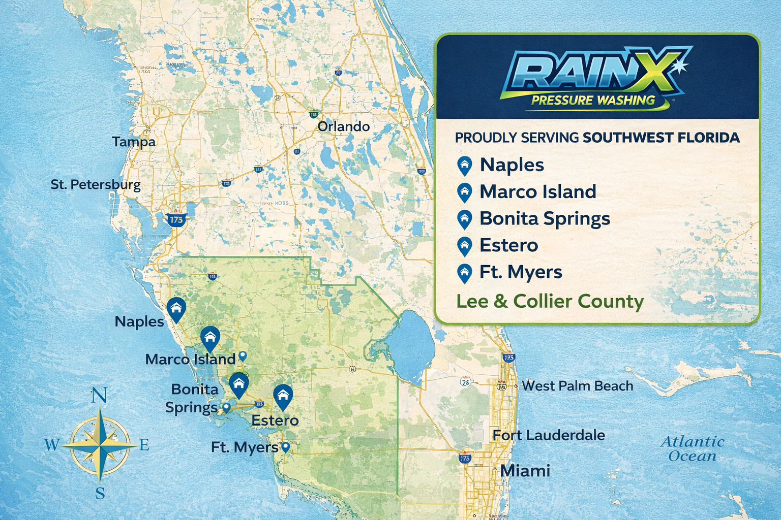 A map of Southwest Florida showing service locations for RainX Pressure Washing in Lee and Collier Counties.