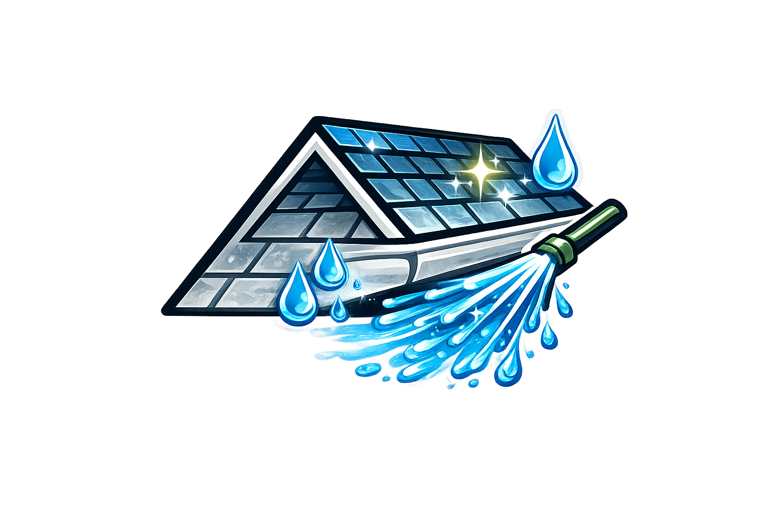 A roof with a gutter being cleaned by a stream of water from a hose nozzle, with water droplets spraying around it.