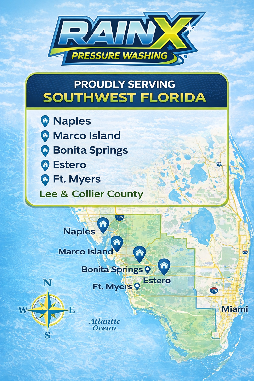 Rain X Pressure Washing service area map covering Naples, Marco Island, Bonita Springs, Estero, and Ft. Myers, Florida.