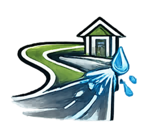 A water droplet splashes onto a gray road winding past a small building with a green roof.