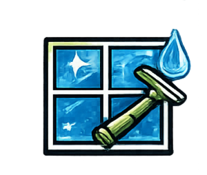 A squeegee cleaning a square, paneled window, with a water droplet visible nearby against a blue background.