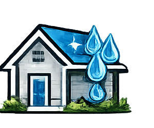 A white house with a blue roof and blue door, featuring large blue water droplets falling onto the front of the home.