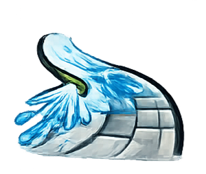 A stylized, curved graphic of blue water splashing over a gray, paved, semi-circular surface against a white background.