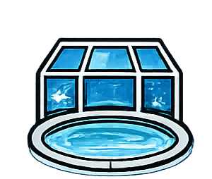 A round swimming pool enclosed by a glass-paneled sunroom structure.
