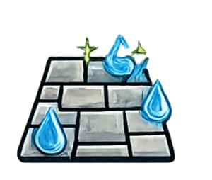 A stylized illustration of gray stone pavers being cleaned by blue water droplets and a green sparkle.