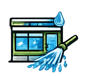 A stylized icon of a storefront being cleaned by a brush spraying water, with a water droplet above.