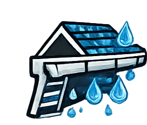 A stylized illustration of a blue-roofed house with a gutter system leaking water droplets.