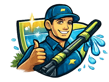 A mascot in a blue uniform and cap gives a thumbs-up while holding a pressure washer in front of a shield and water splash.